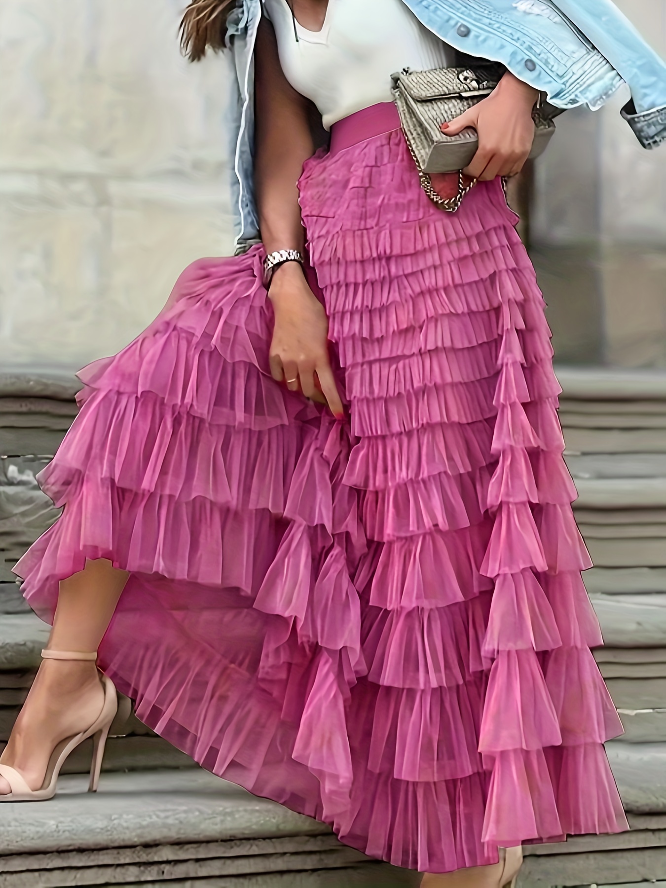 Mesh Layered Hem Skirt, Boho High Waist Skirt, Women's Clothing